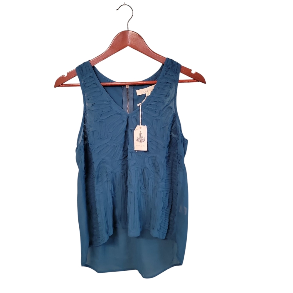 Chandi & Lia Sheer Tank Top Size M Exposed Zip Swirl‎ Chiffon Boho Teal NEW
